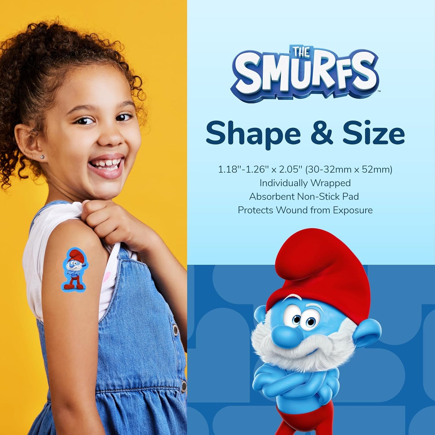 BioSwiss Bandages, The Smurfs in 3D Shaped Self Adhesive Bandage, Latex Free Sterile Wound Care, Fun First Aid Kit Supplies for Kids and Adults, 24 Count Box