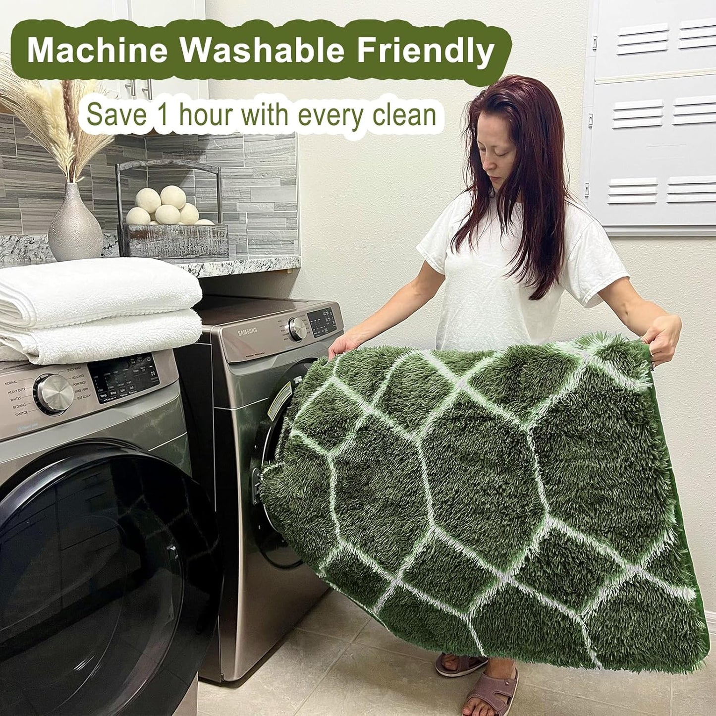 ONASAR Area Rugs for Bedroom Living Room, Washable 4x6 Fluffy Olive Green and White Throw Rug, Shaggy Geometric Floor Mat for Home Decor Aesthetic, Soft Plush Fuzzy Carpet for Nursery Kids Teen Dorm