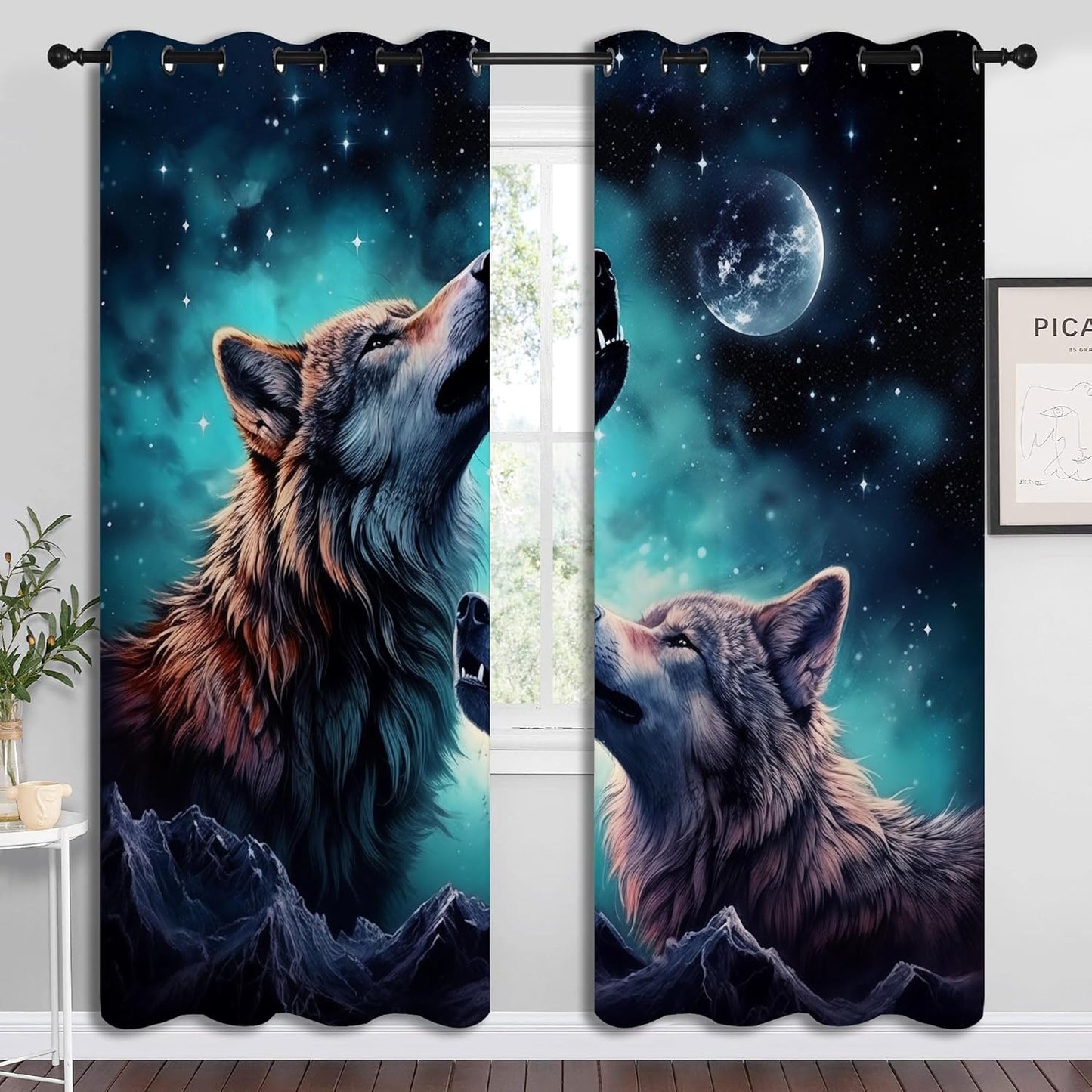 Wolf Blackout Curtains for Boys Girl Bedroom Decor,Starry Sky Howling Wolf Under The Full Moon Thermal Insulated Grommet Drapes Darkening Window Curtain for Living Room Home 72x63 inch