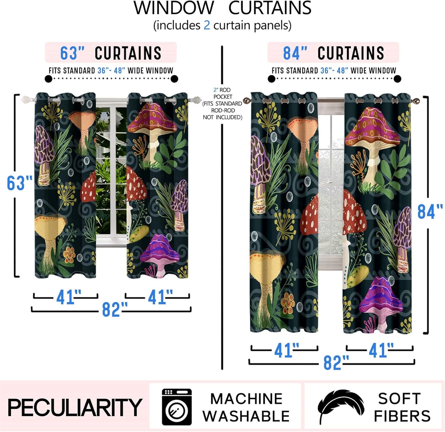 Mushrooms Curtain Panels for Kids Room 2Pcs, Green Cartoon Blackout Curtains 84 inch Length for Kids Bedroom Nursery Room Grommet Top Thermal Insulated Curtains, Dinosaur Print, 82" x 84"