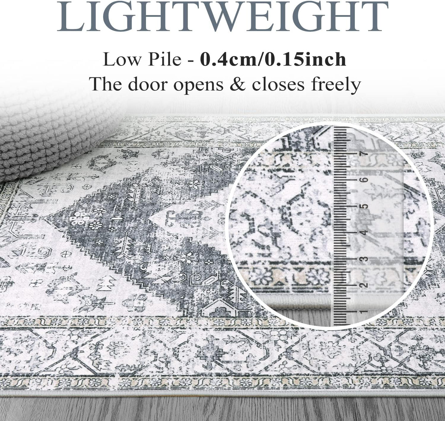 Lahome Boho Round Rugs - 6ft Washable Round Area Rugs for Living Room Grey Non-Slip Throw Dining Room Rug Large Circle Bedroom Rug, Oriental Distressed Print Indoor Rug Round for Entryway Office
