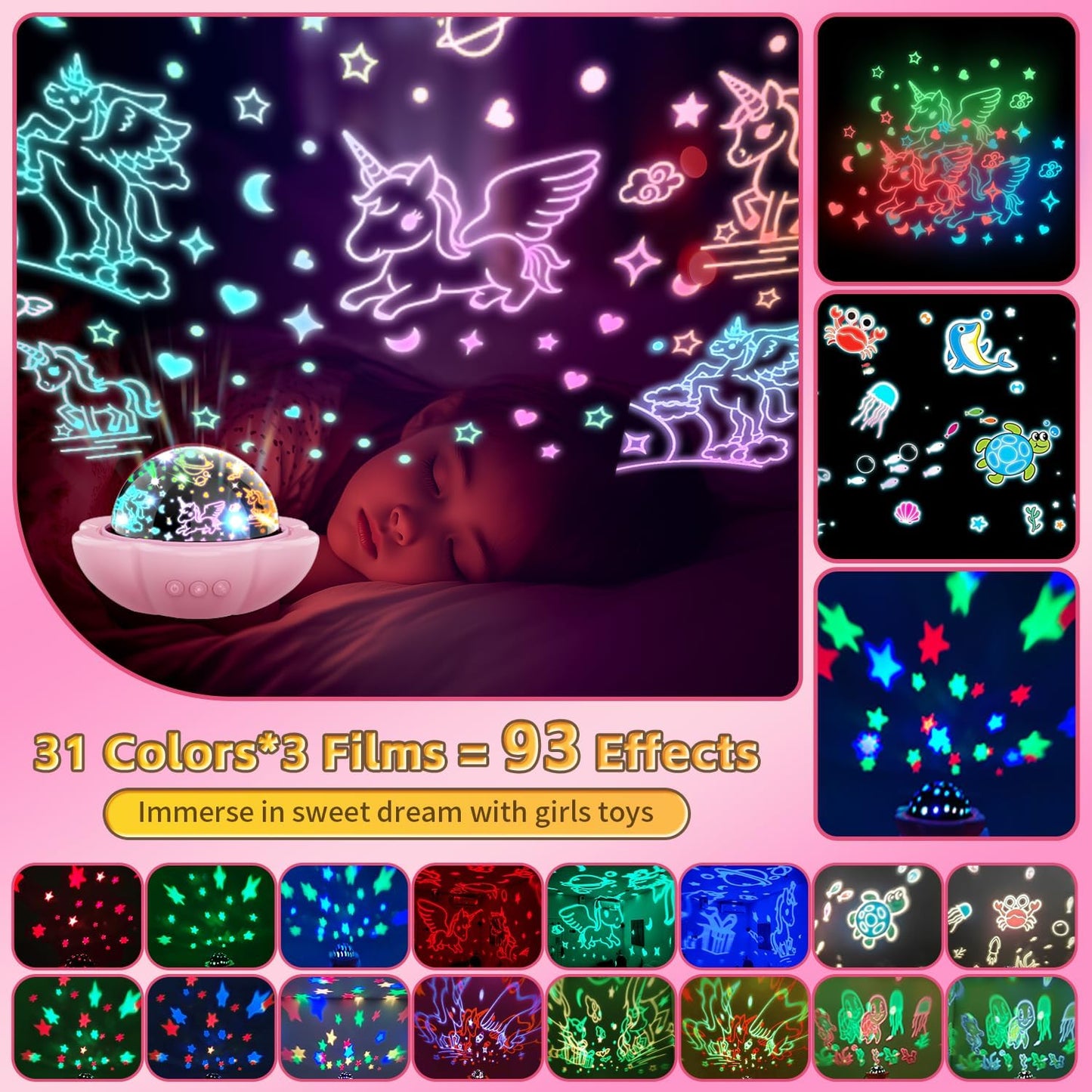 MINGKIDS Unicorn Girl Toys Age 3-10,Night Light Projector- Multi Colors Rotating Remote, 3 Films and Auto Timer, Christmas Stocking Stuffers Birthday Gifts for 5-7 Year Old Girls
