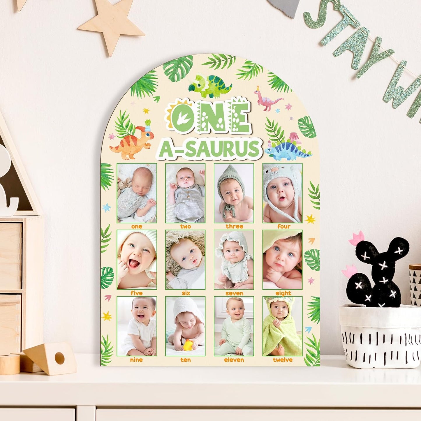 R HORSE My First Year Photo Frame Board, 3D One a Saurus Birthday Decorations Display Wood Board, Dinosaur Themed Baby First Year Picture Frame 12 Months Milestone 1st Birthday Nursery Decor Gift