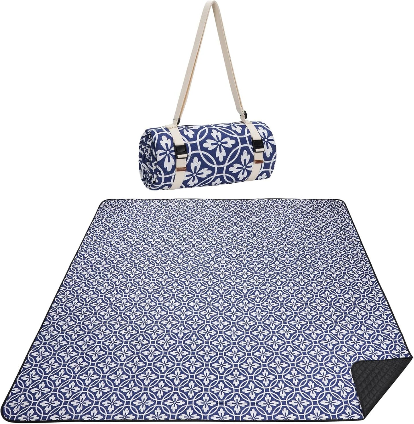 Picnic Blanket, 80''x80'' Waterproof Outdoor Blankets, Picnic Mat Washable for Beach, Picnic Blankets for Camping on Grass with Shoulder Strap - NavyBlue