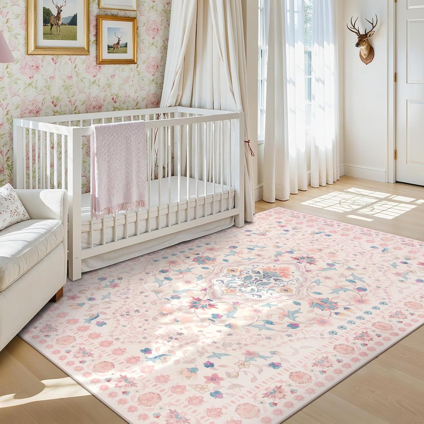 Wonnitar Floral 5x7 Washable Nursery Rug, Pink Rugs for Bedroom Girls, Boho Ultra-Thin Soft Non Slip Floor Carpet for Dorm Living Room Playroom Home Decor, Pastel Pink