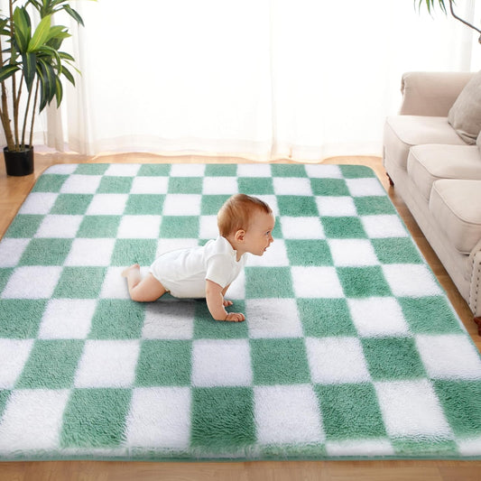 Super Soft Rug for Bedroom, 5x7 ft Sage Green and White Area Rug Classic Checkered Shaggy Anti-Skid High Pile Soft Fluffy Rug Fuzzy Carpet for Living Room Bedroom Kids Room Nursery, Dorm