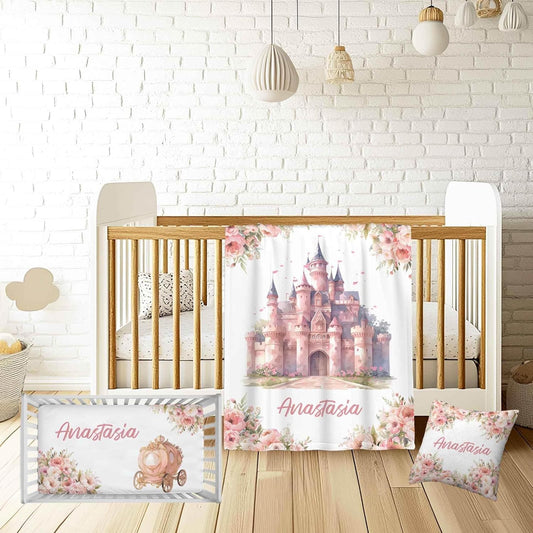 Personalized Baby Girl Crib Bedding Set – Custom Name Princess Castle 3-Piece Nursery Set with Soft Flannel Blanket, Fitted Sheet & Pillowcase – Infant & Toddler Bedding Gift