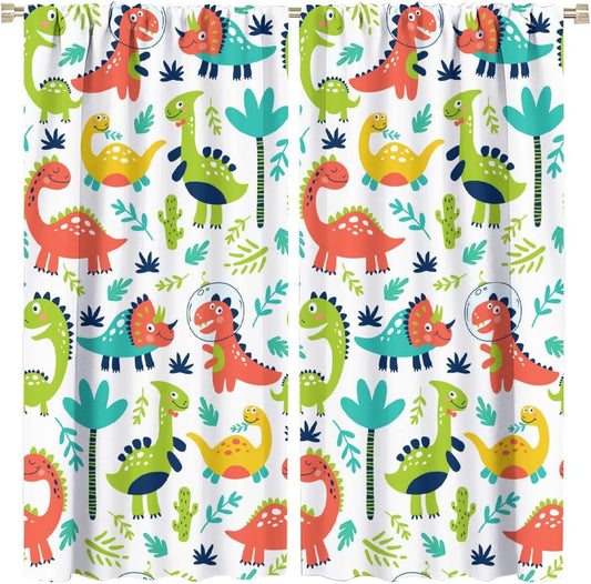 Rustic Dinosaurs Curtains Colorful Dino Kids Boys Cartoon Cute Cool Funny Decor Printed Blackout Rod Pocket Window Drapes for Living Room Bedroom W21xL45in 2 Panels