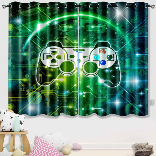Gaming Blackout Curtains for Boys - 2Pcs Game Windows Curtain Panels for Boys Bedroom Green Gaming Console Curtains for Teens Boys Kids Room Decor Grommet Top, 82 in x 63 in