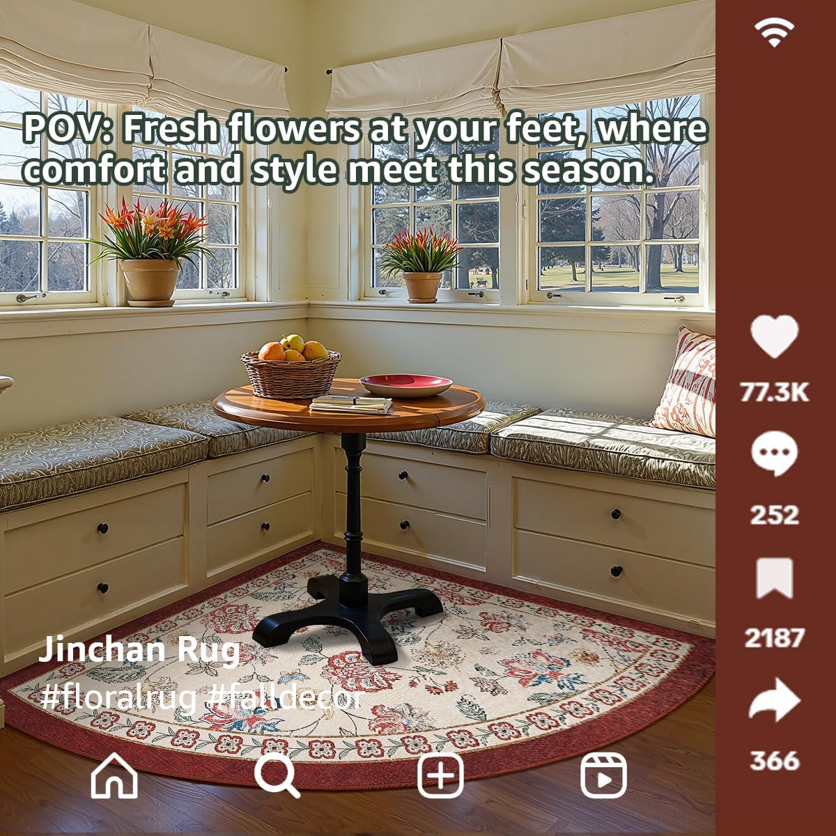 jinchan Floral Corner Rug for Entryway Washable Kitchen Rug Vintage Romance Design Non Slip Quarter Circle Lightweight Low-Pile Throw Carpet for Playroom Reading Nook Nursery, 4ft Radius, Red/Beige