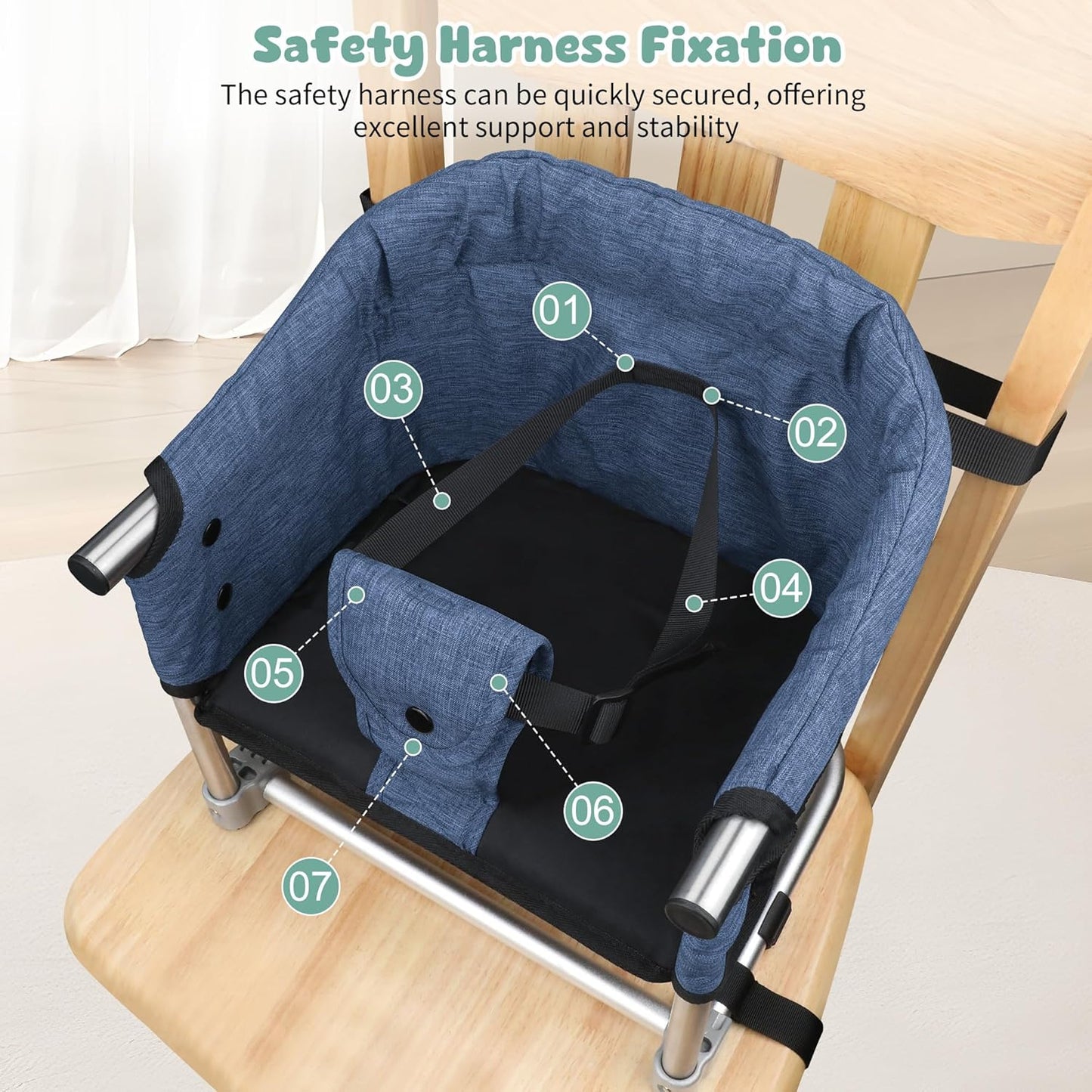 Booster Seat for Dining Table: Portable Toddler Booster Chair with Safety Buckle and Height Adjustable, Foldable Baby Feeding Chair, Kids High Chair Booster Seat for Kitchen Home Travel - Navy Blue