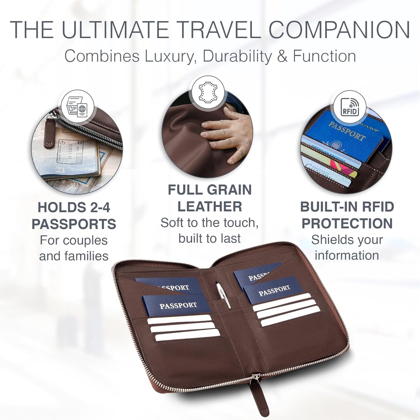 Full Grain Leather Family Passport Holder for 2-4 Passports - RFID Passport Holder and Travel Document Organizer - Large Leather Travel Wallet for Couples and Families - Brown