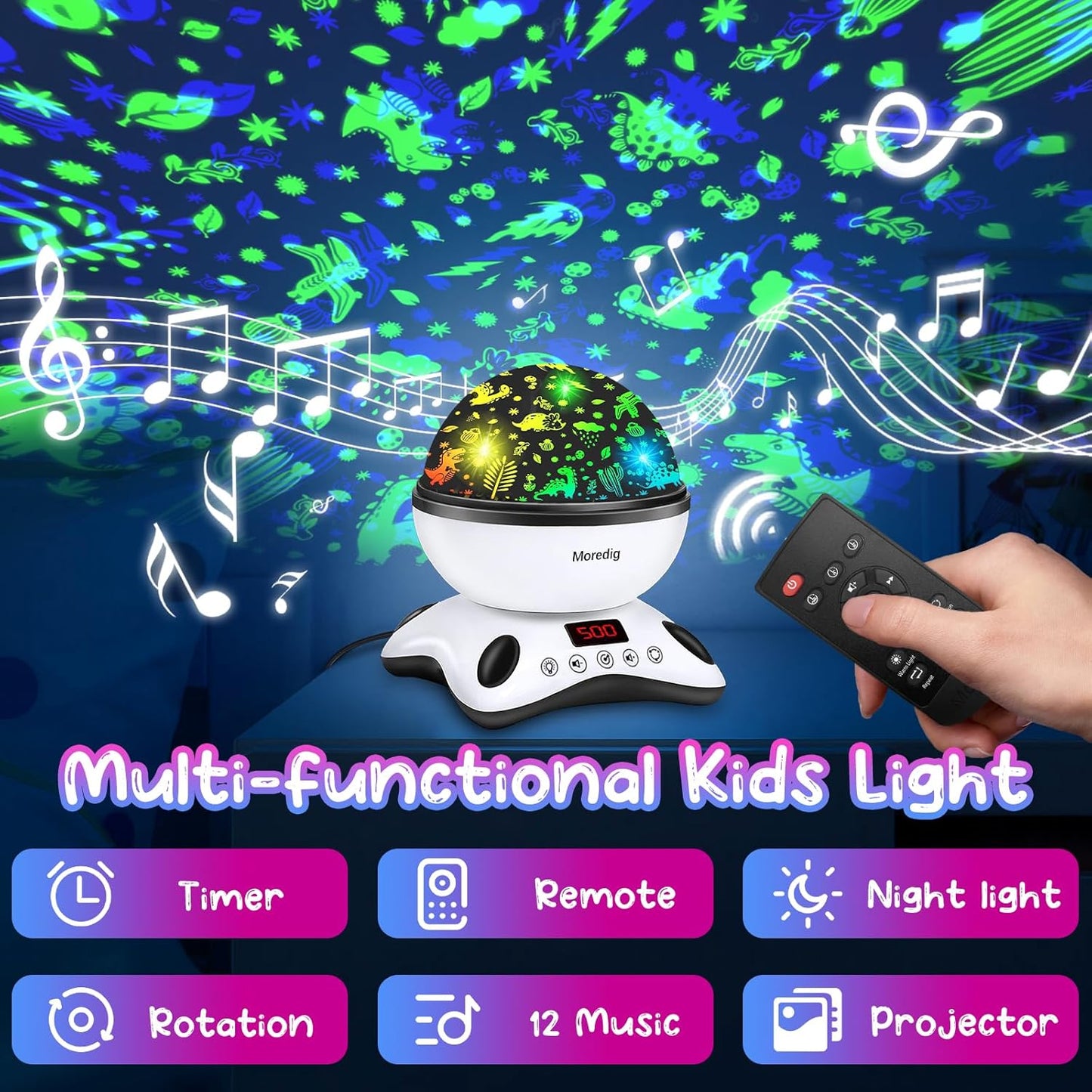 Moredig Dinosaur Night Light Projector, Remote Dinosaur Night Light for Boys with 18 Colors Projector Light for Kids with Timer 2 Projections 12 Music, Gifts for Baby Boys - Black