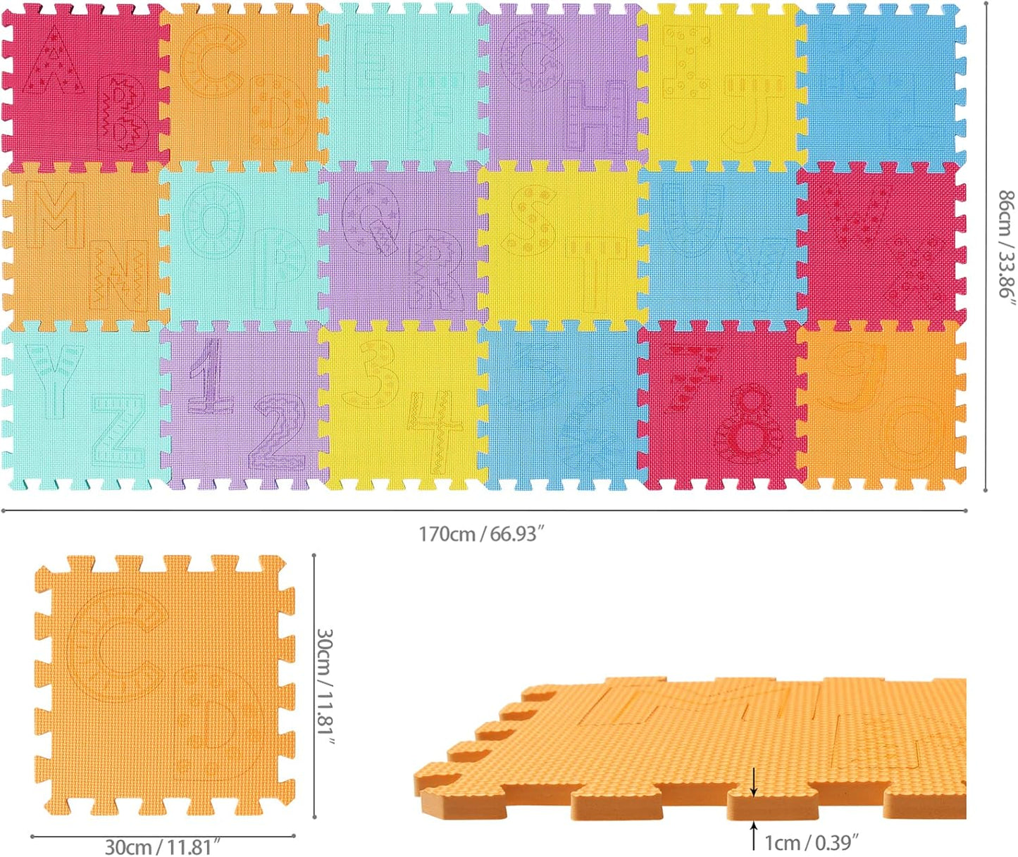 qqpp EVA 18 Tiles Baby Play Mat for Playing, Interlocking Foam Floor Mats for Tummy Time & Crawling, Puzzle Flooring Tiles with Alphabet & Numbers Laser Pattern for Kids. QL-99(BEGHIK) b18N