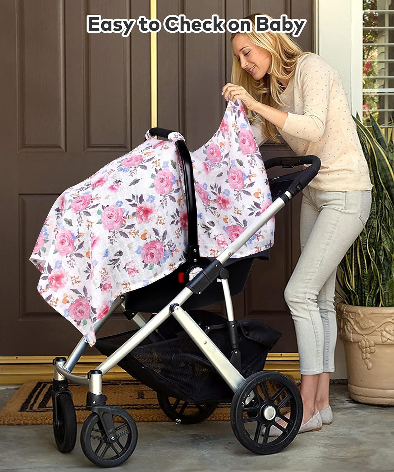 Rquite Muslin Car Seat Cover Baby, Carseat Covers Baby Girl Boy, Breathable Lightweight Infant Car Seat Cover, Baby Carrier Cover Car Seat Canopy Stroller Sun Shade for Summer & Hot Day, Universal Fit