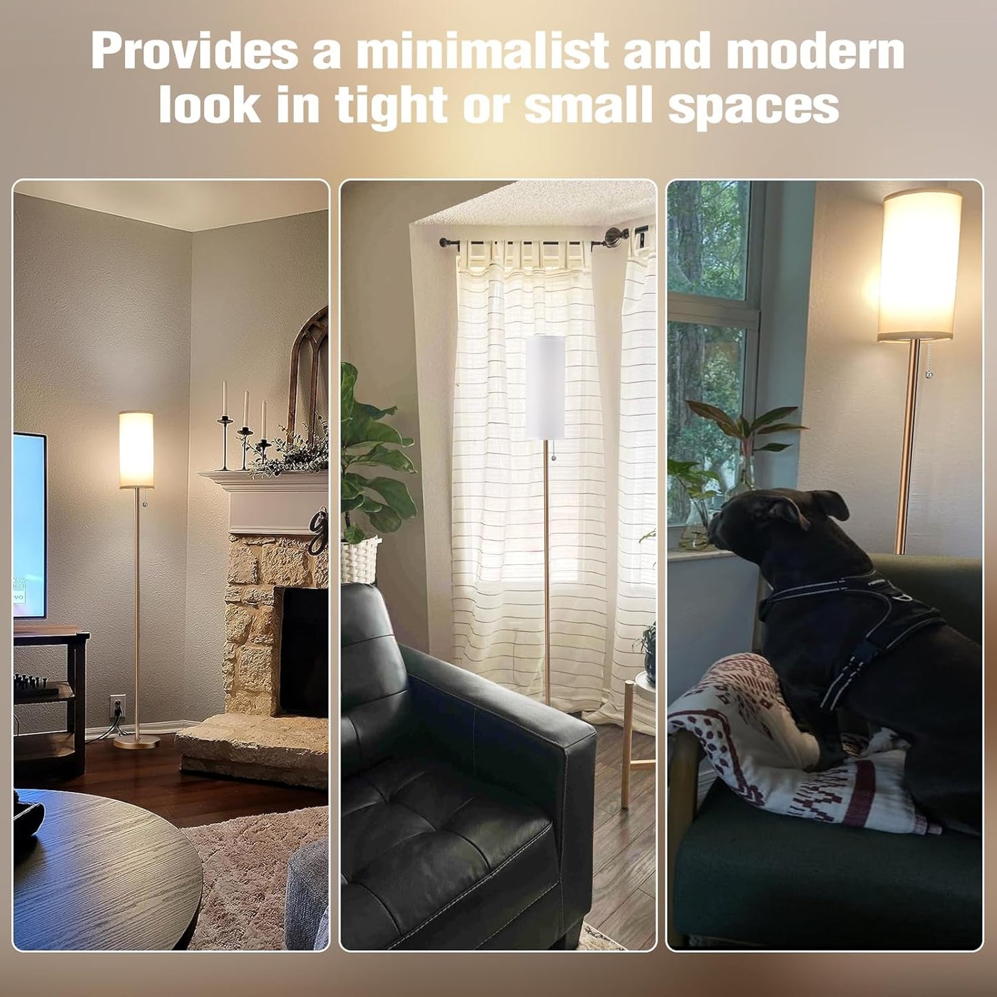 Ambimall Floor Lamp with 3 Color Temperatures Bulb, 64" Standing lamp with Linen lampshade for Bedroom, Minimalist Pole Lamp, White Shade & Brown Pole