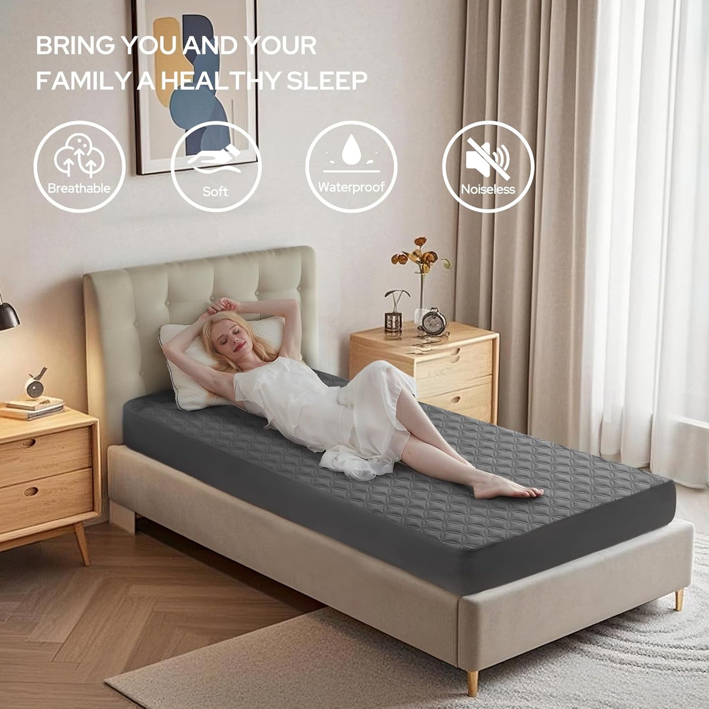 2 Pack Waterproof Mattress Protector, Twin XL Size Mattress Pad with Deep Pocket 6"-15" Depth, Soft Breathable Dirt-Proof Single Bed Mattress Cover for Bedroom, Dorm Room (Gray)