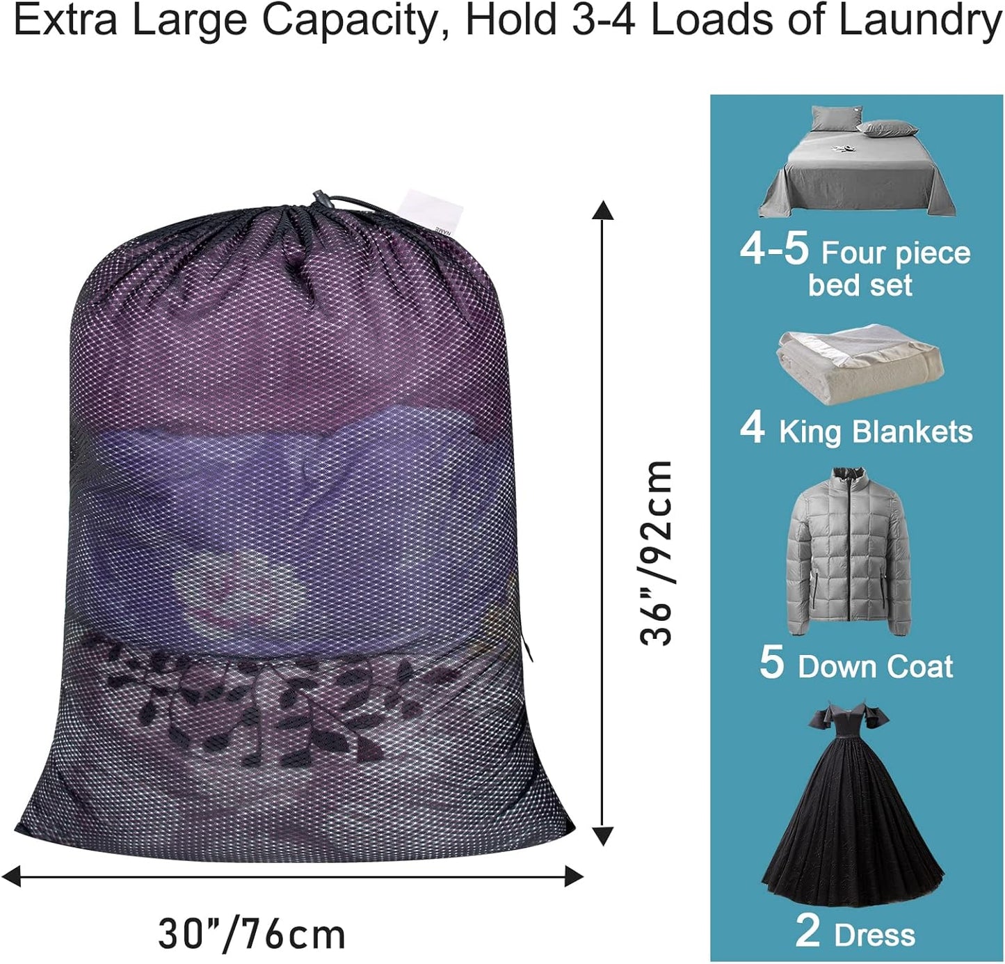 Polecasa Heavy Duty Extra Large Mesh Laundry Bags with ID Tag and Locking Drawstring Closure - 2 Pack, 30 x 36 inches - Laundry Hamper Liner, Washable Laundry Bag for Travel, Sports, Dorms (Black)