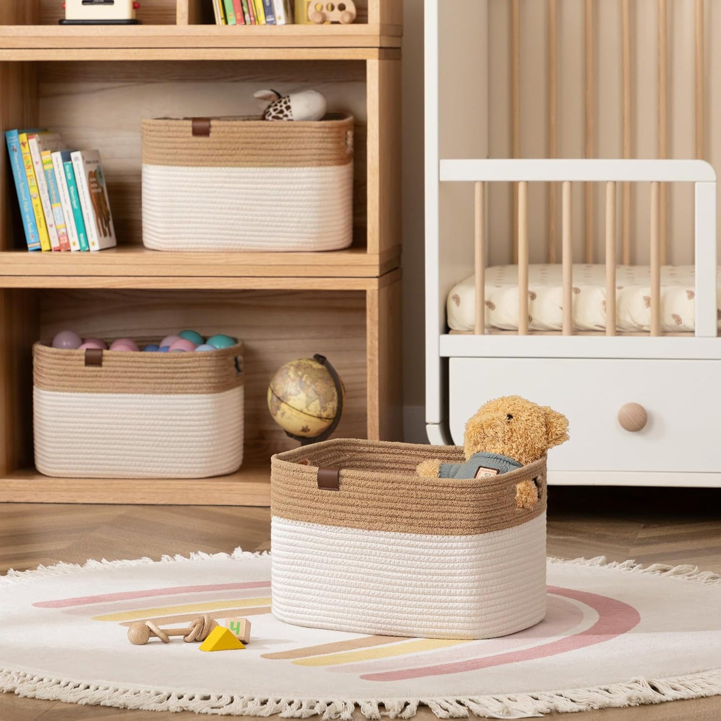 UBBCARE 4 Pack Baskets for Organizing, Woven Storage Baskets with Label for Toys and Towel, Rectangle Cotton Rope Basket with Handles, 15''L x10''W x9''H, Jute&White