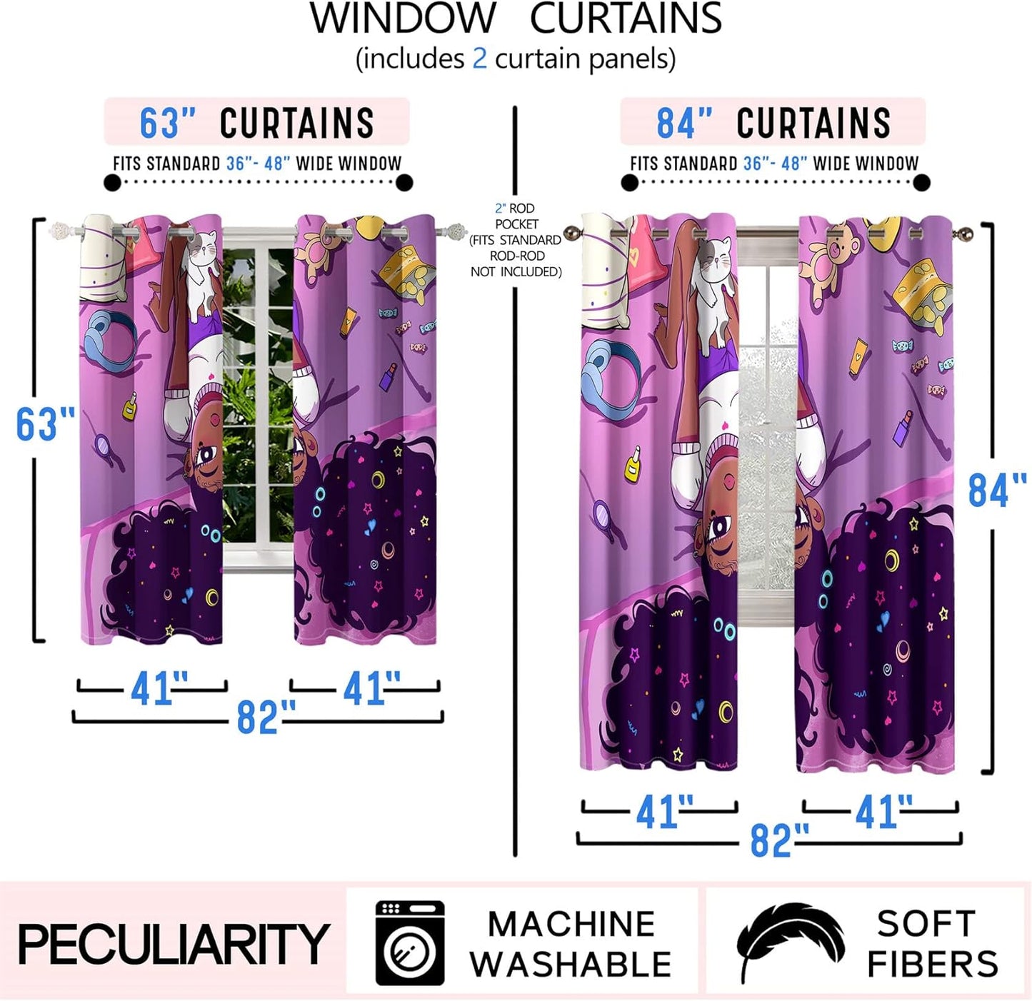Cartoon Printed Curtains for Bedroom, 82 x 84 inches, Blackout, Grommet Top, 2 Piece Set, Girls Room Curtains, Thermal Insulated