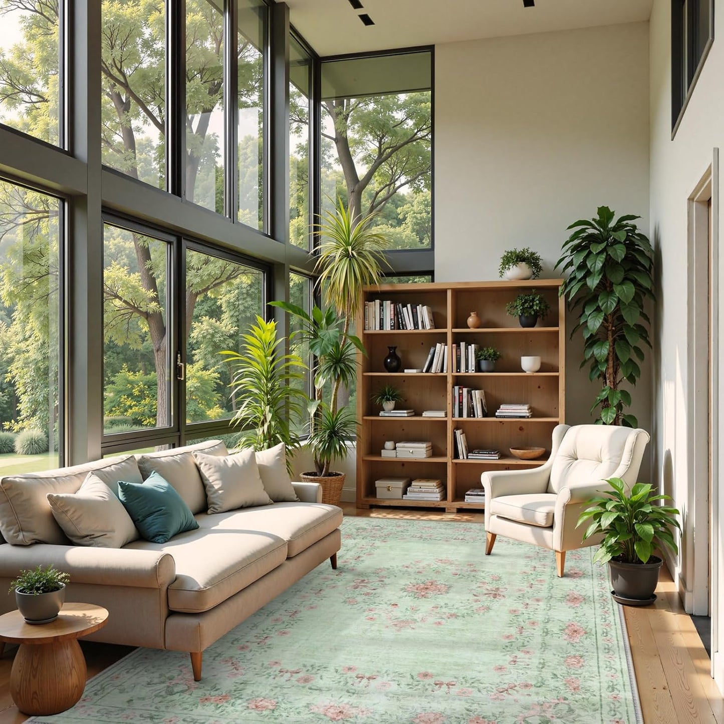 Wonnitar Green Area Rug for Living Room, Floral Bow 8x10 Washable Rug, Ultra-Thin Non Shedding Soft Boho Carpet for Bedroom Dining Room Playroom Dorm, Light Green