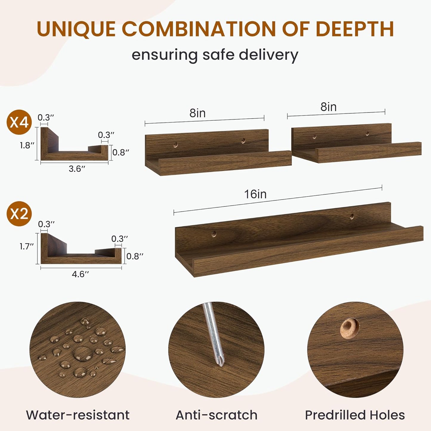 Axeman Picture Ledge Shelf, Floating Shelves for Wall Decor Storage Set of 6, 16 inch Floating Wall Mounted Shelves, Wall Shelves with Lip for Living Room, Bedroom, Nursery, Bathroom, Kitchen, Walnut