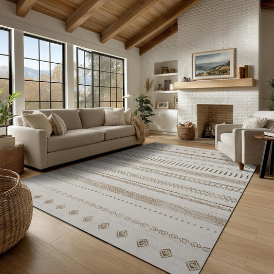 Washable Area Rugs 8x10, Large Rugs for Living Room, Carpet for Bedroom, Boho Soft Faux Wool Retro Dining Room (Beige) Rug, Non-Slip Backing Resistant Low Pile Vintage Print Rug for Home Office