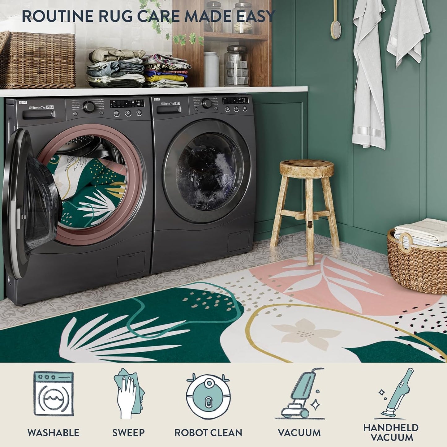 Lahome Washable Rug 5x7 - Rugs for Living Room 5x7 Non-Slip Ultra-Thin Carpet for Bedroom Cute Soft Kids Nursery Rug, Boho Botanical Print Indoor Floor Rug for Entryway Office (5'x7',Green/Pink)