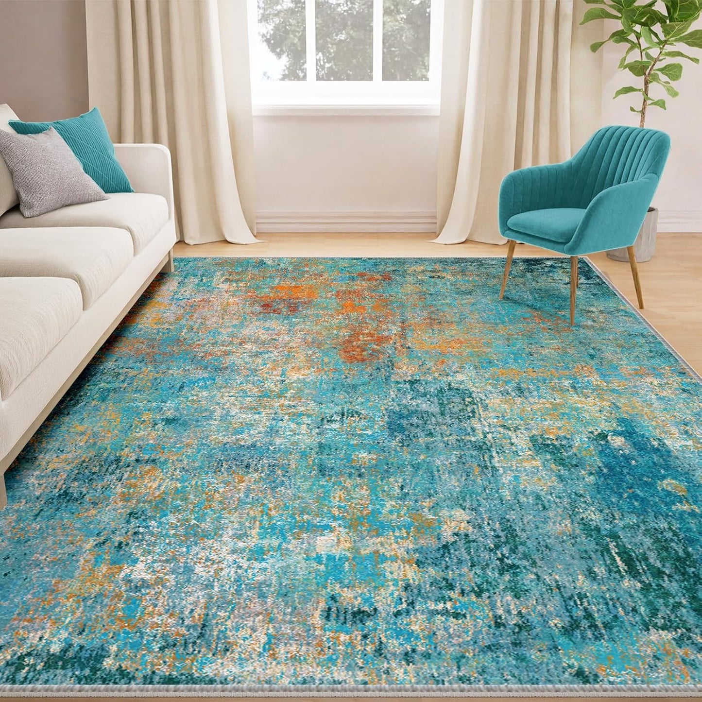 Washable Area Rugs 5'x7' Non-Slip Modern Abstract Soft for Living Room Entryway Bedroom Nursery, Print Pattern, Teal Blue Green Orange Rust Red Colorful