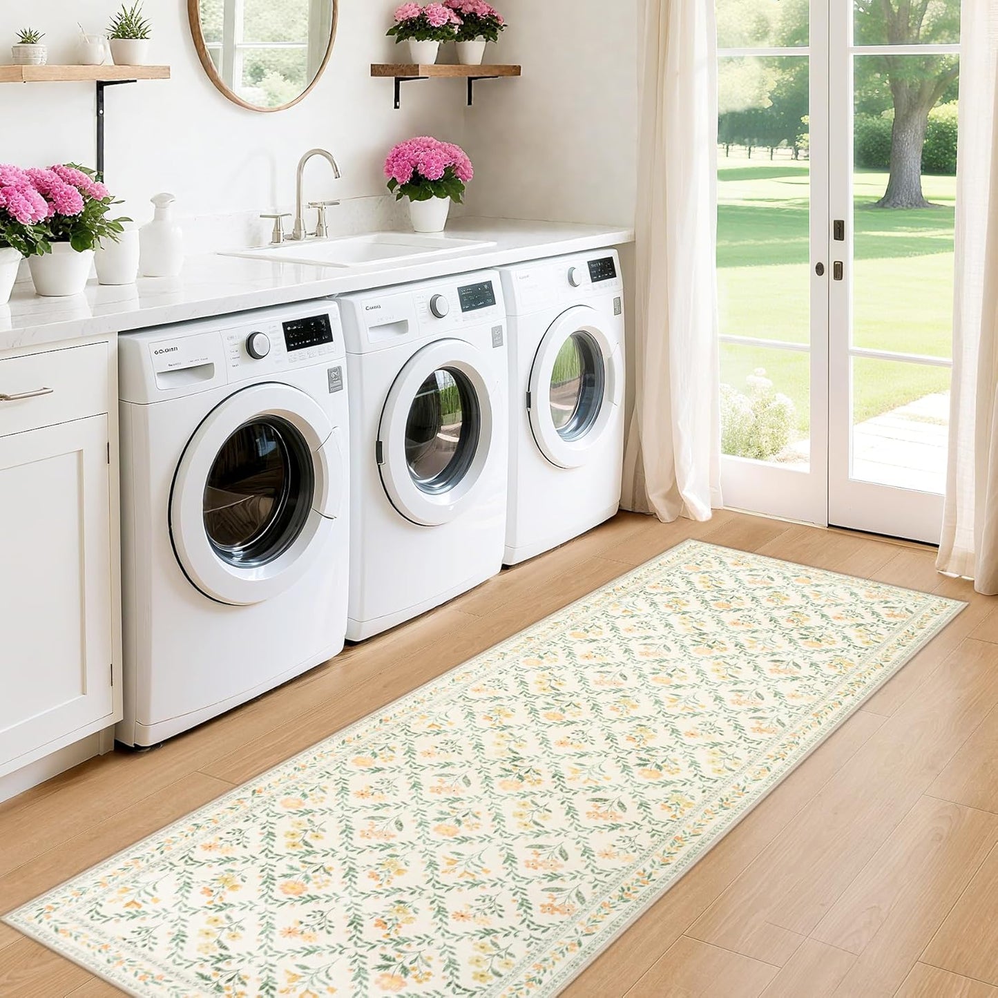 Runner Rug for Entryway: 2x10 Kitchen Rugs Non Slip Washable Ultra-Thin Soft Floral Carpet Indoor Floor Stain Resistant Carpets for Hallway Bedroom Kitchen Laundry Bathroom Dorm Beige/Multi