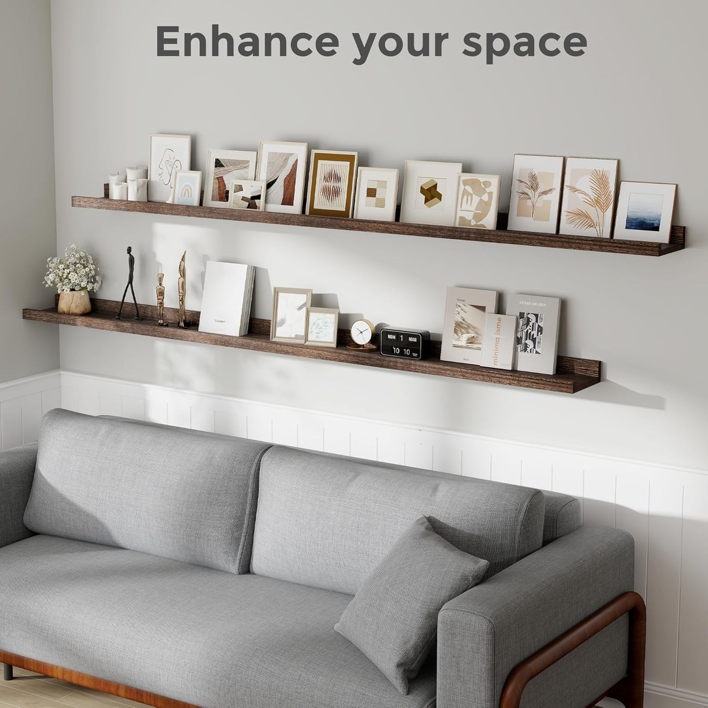 Fun Memories Long Floating Shelves for Wall 72 Inch, Natural Wood Long Picture Shelves Photo Shelf with Ledge Set of 2, Rustic Floating Shelf with Lip for Home Storage