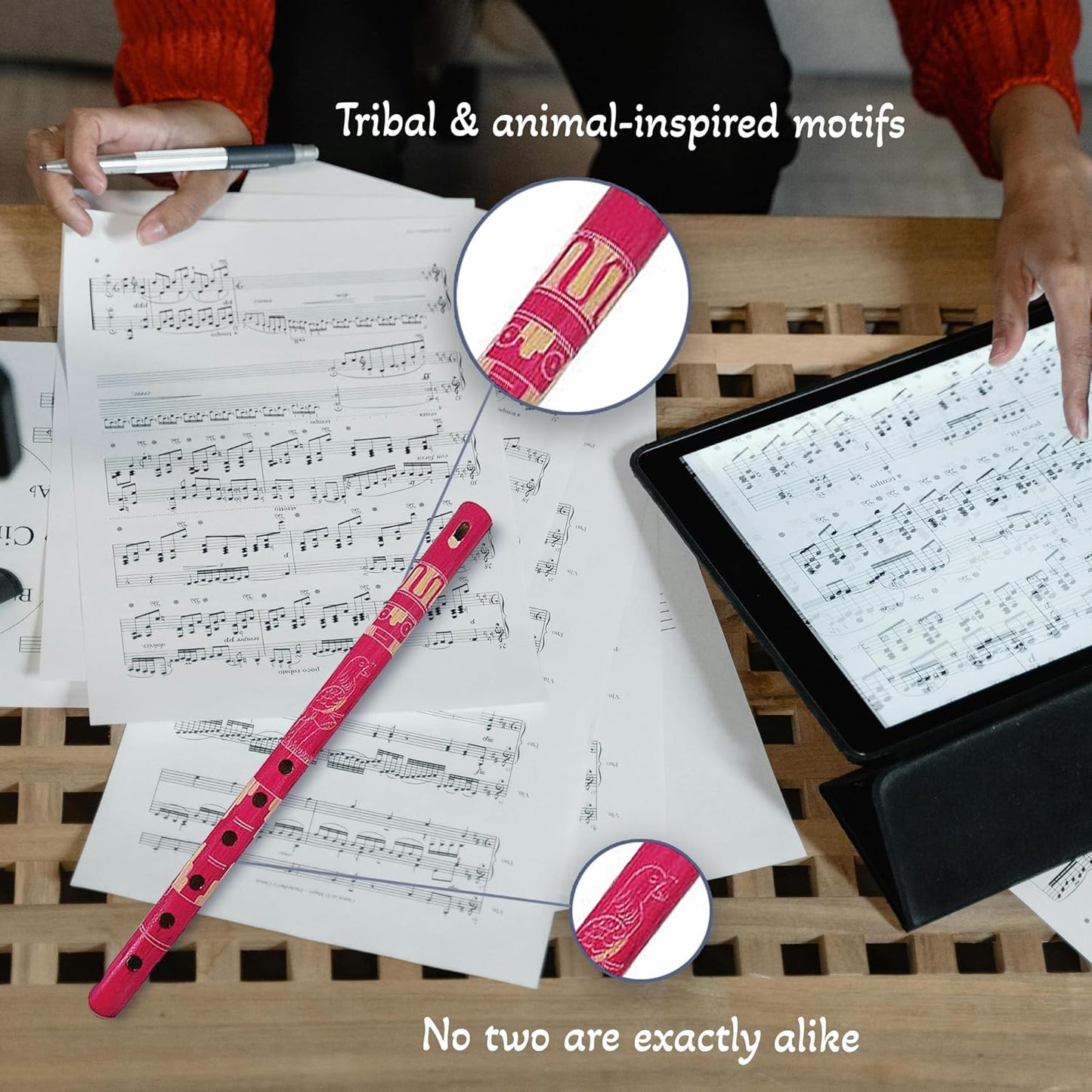 Mia Jewel Shop - Handmade Colored Bamboo Wooden Flute | Tribal Nature Pattern | Native Recorder for Beginners, Meditation & Music Lovers (Hot Pink)