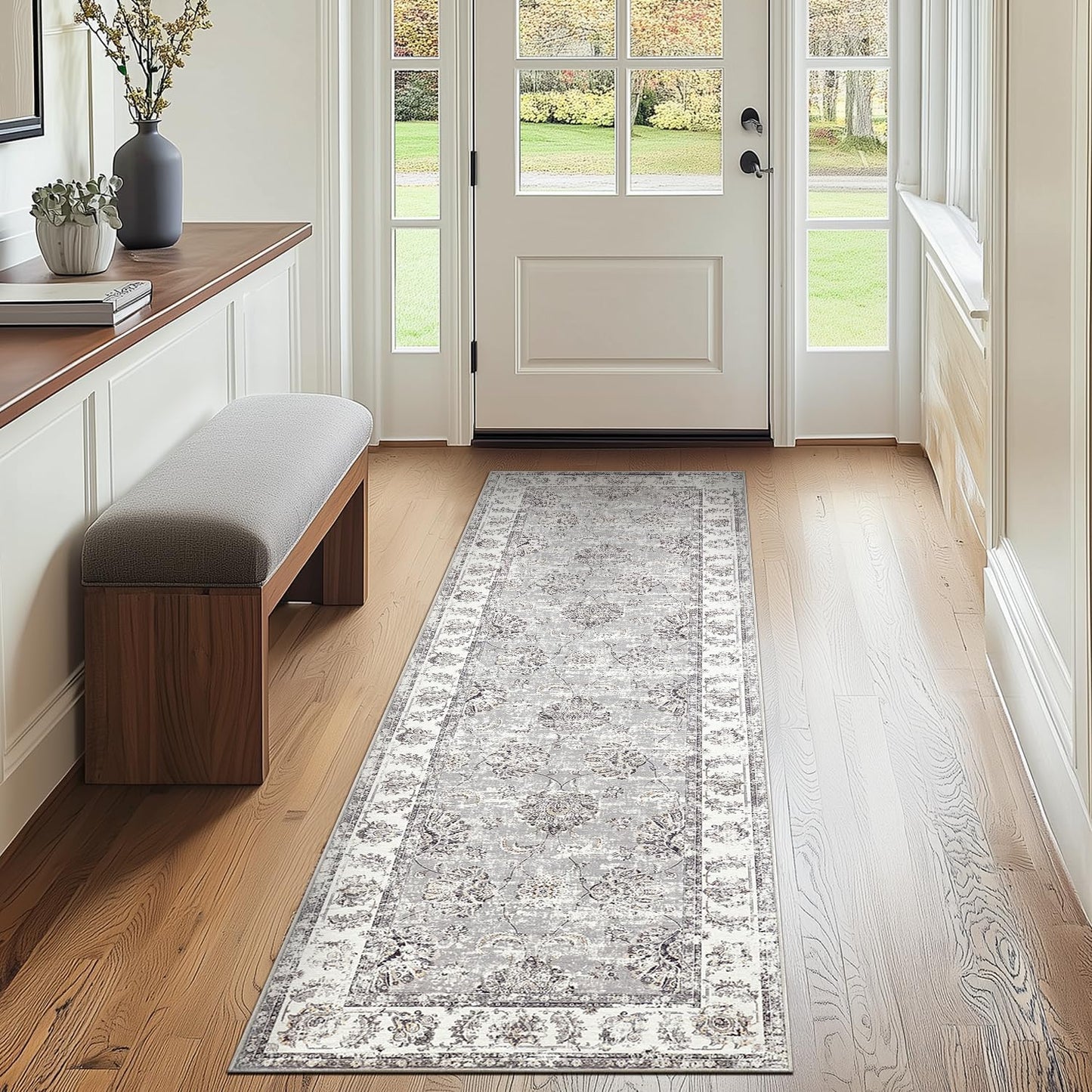 jinchan Hallway Runner Rug 2x8 Machine Washable Runner Rug Grey Vintage Floral Design Non-Slip Ultra-Thin for Kitchen Laundry Room Bedroom Farmhouse (2‘x8',Grey)