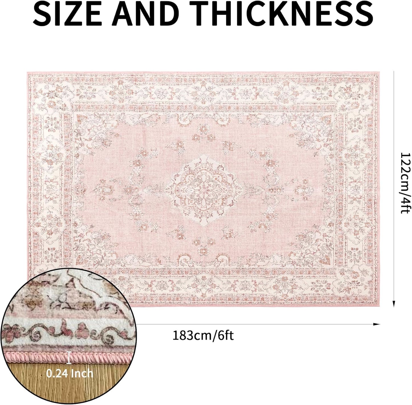 4x6 Area Rug Washable: Oriental Soft Area Rug for Living Room Bedroom No Shedding - Low Pile Thin Carpet Rug for Dining Room Non Slip - Boho Vintage Rug for Home Decor - Soft Pink