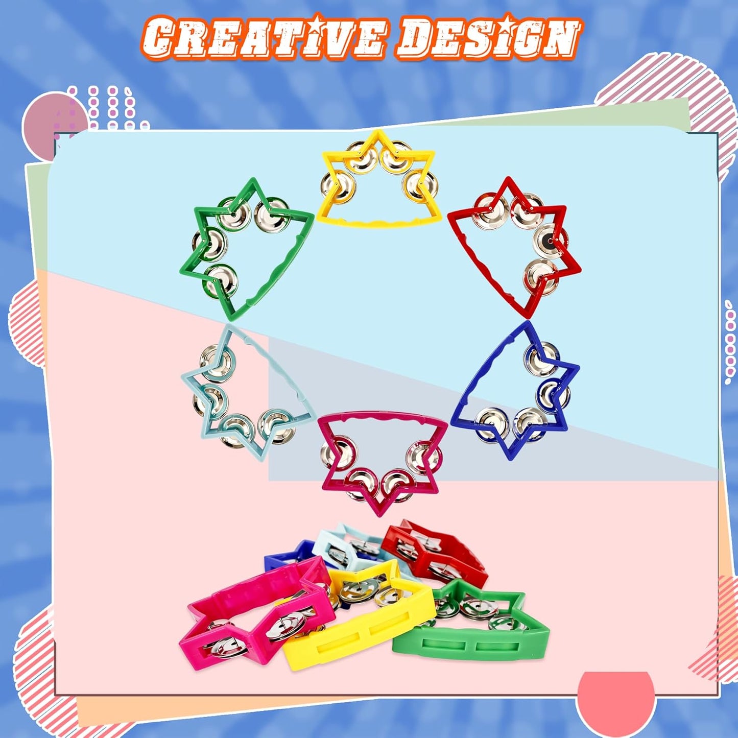 24 Pack Plastic Percussion Tambourine Colorful Star Shape Hand Tambourine Bells Noise Makers Tambourine for Musical Instruments School Concert