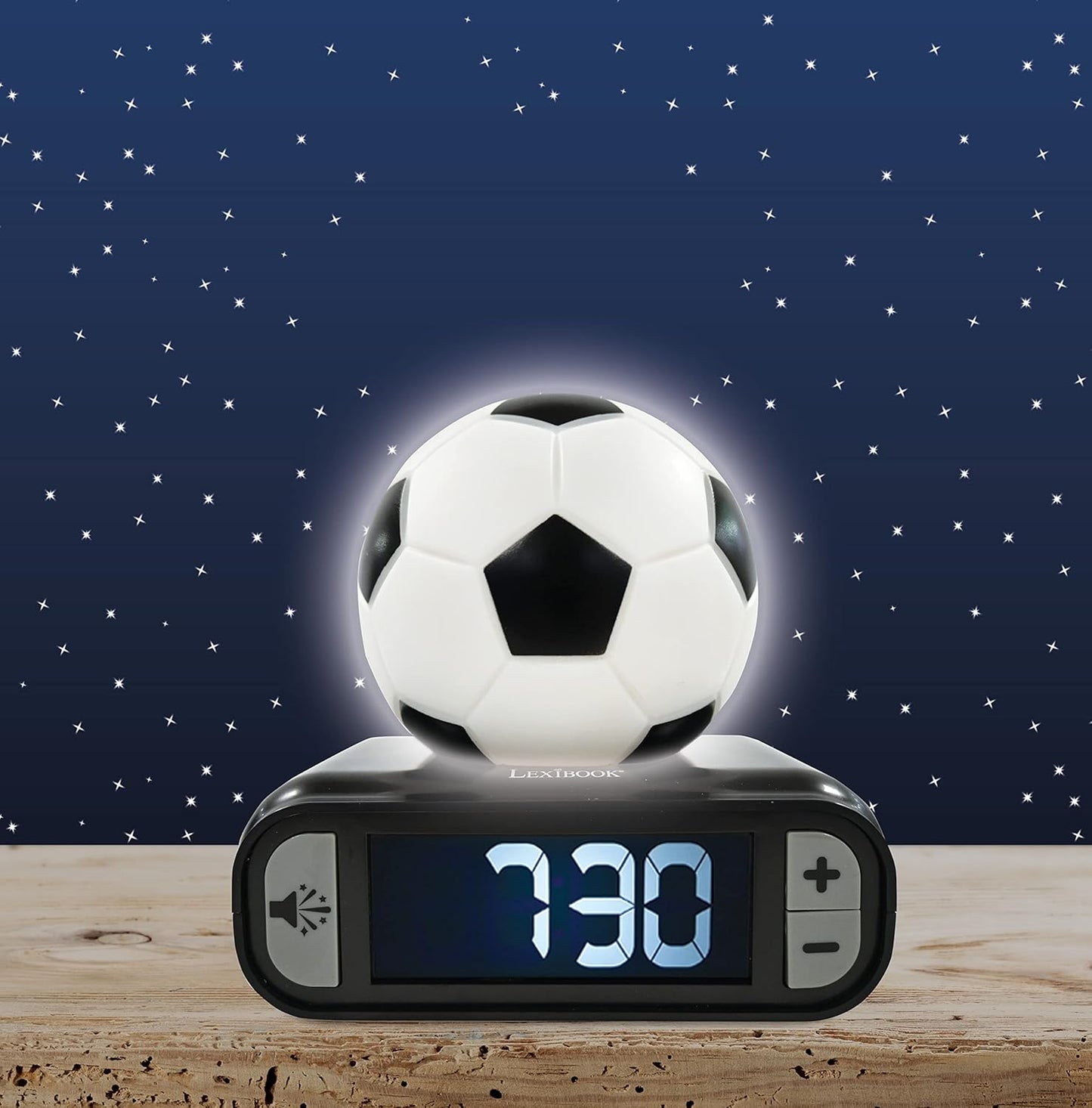 LEXiBOOK - Soccer Ball Digital Alarm Clock with Night Light Snooze, Clock, Luminous Soccer Ball, Black Colour - RL800FO