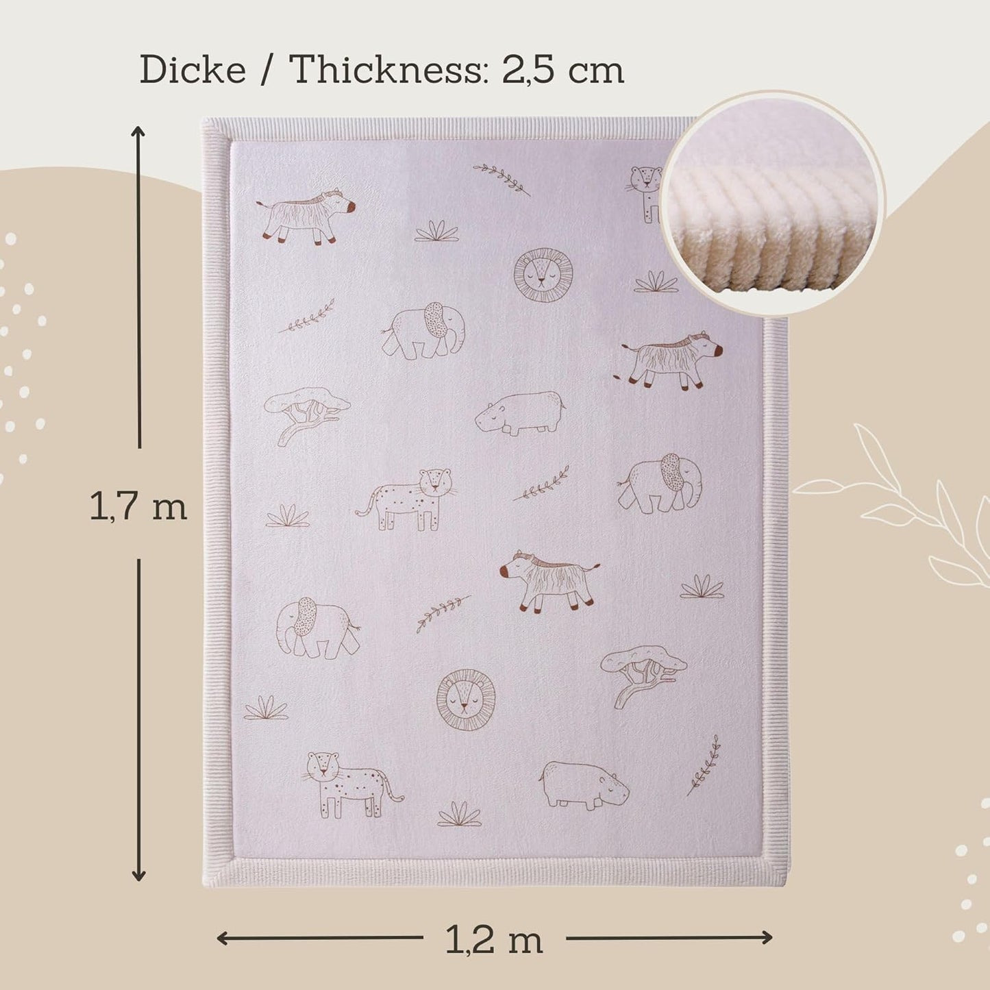 Stylish Coral Baby Play Mat for Floor 47" x 67" Safari Animals – Soft 1" Thick High-Density Memory Foam Nursery Rug,Kids Rug with Non-Slip Backing for Crawling & Playing, Playroom Rug, Kids Carpet