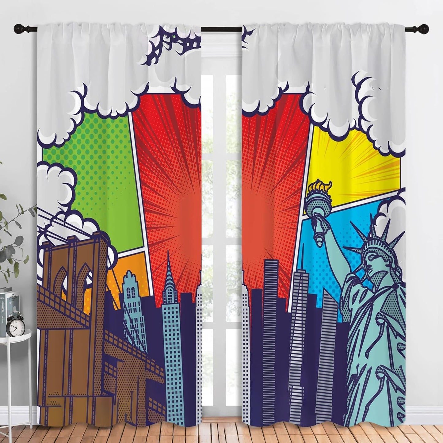 City Rod Pocket Blackout Curtains for Boy Girl Bedroom, Pop Art Style New York Cityscape Home Energy Efficient Light Filtering Window Curtain for Living Room, 84x84 inch