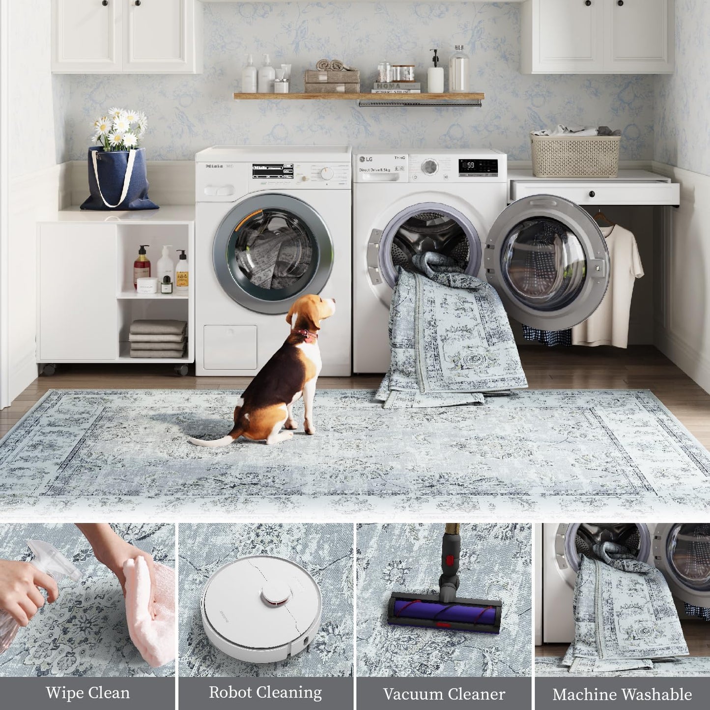 jinchan Runner Rug 2x5 Washable Hallway Runner- Vintage Floral Non Slip Low-Pile Soft Thin Kitchen Rug Distressed Carpet for Farmhouse Bedroom Entryway Laundry Room(2x5ft,Grey)