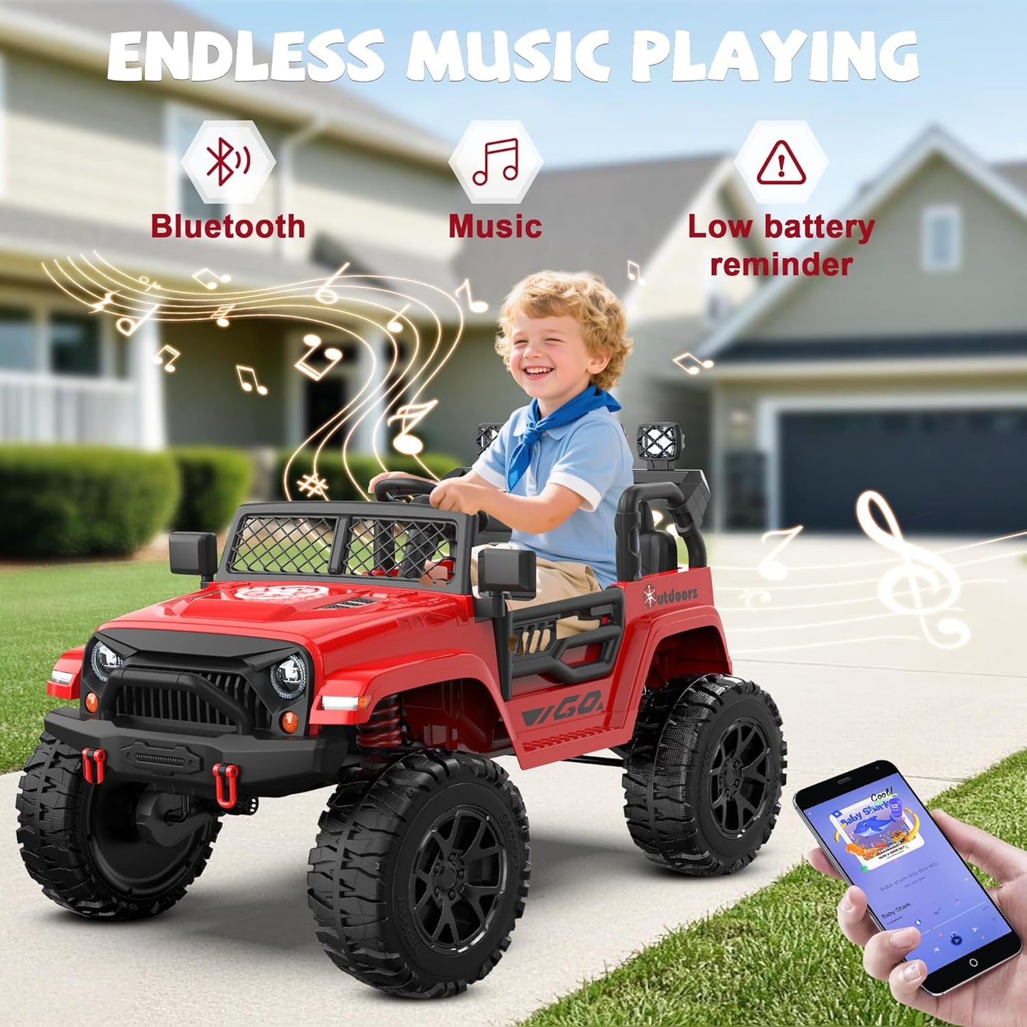 ANPABO 24V 2 Seater Ride On Car for Kids w/EVA Tires, 4X200W Motors, 4 Shock Absorbers, 2.4G Remote Control, Bluetooth Radio, LED Headlights & Searchlights, Electric Car for Kids Ages 3-8,Bright red