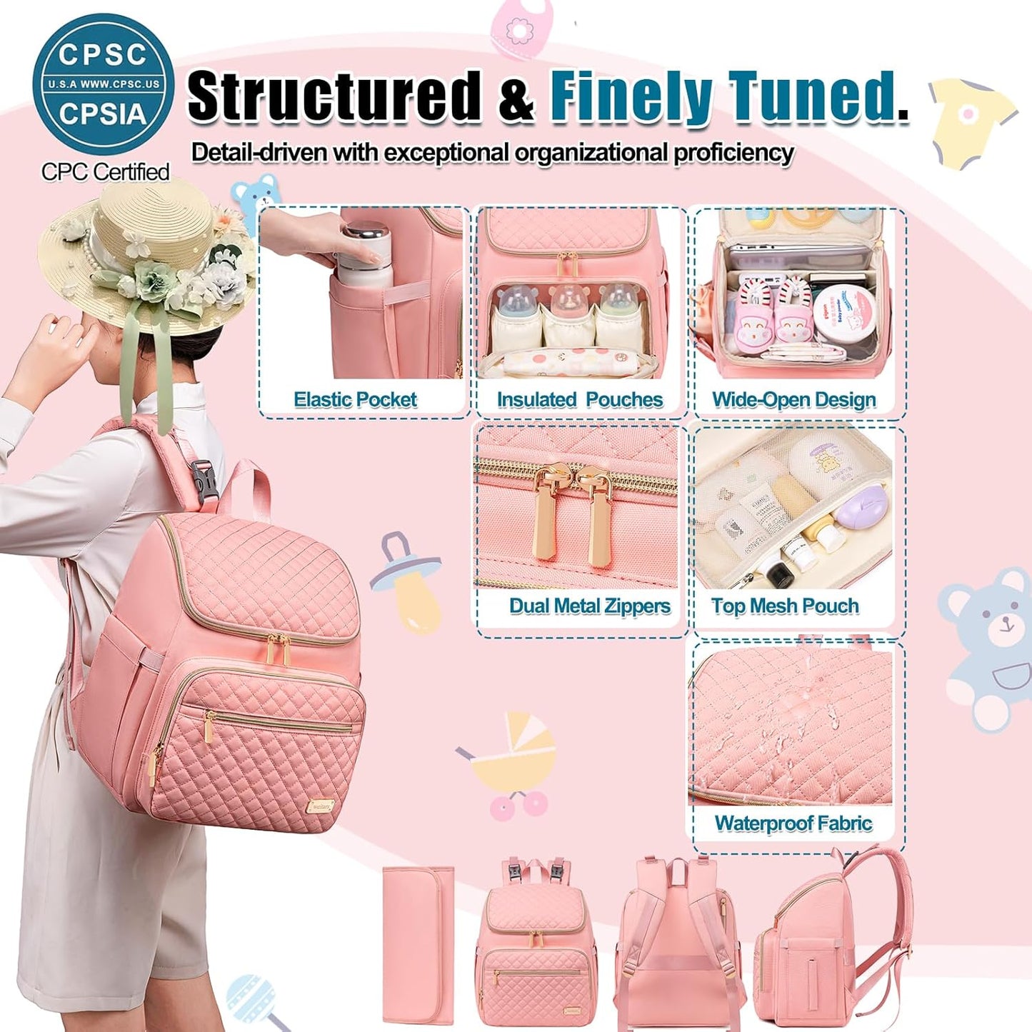 Weitars Diaper Bag Backpack Large Baby Diaper Bag with Changing Pad Travel Diaper Backpack,Baby Bag for Boys Girls,Stroller Straps,5 Insulated Pockets (Pink)