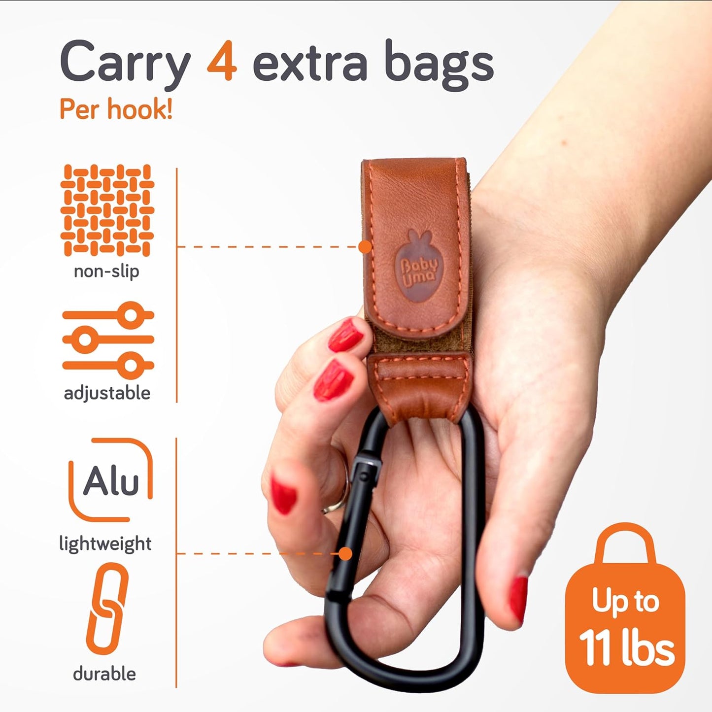 Baby Uma Baby Stroller Hooks - 2-Pack of Leather-Style Stroller Accessories, Non-Slip Stroller Clips, Carry 11 lbs per Stroller Bag Hook, Universal Hooks, 2 x Stroller Carabiner Clip (Camel)