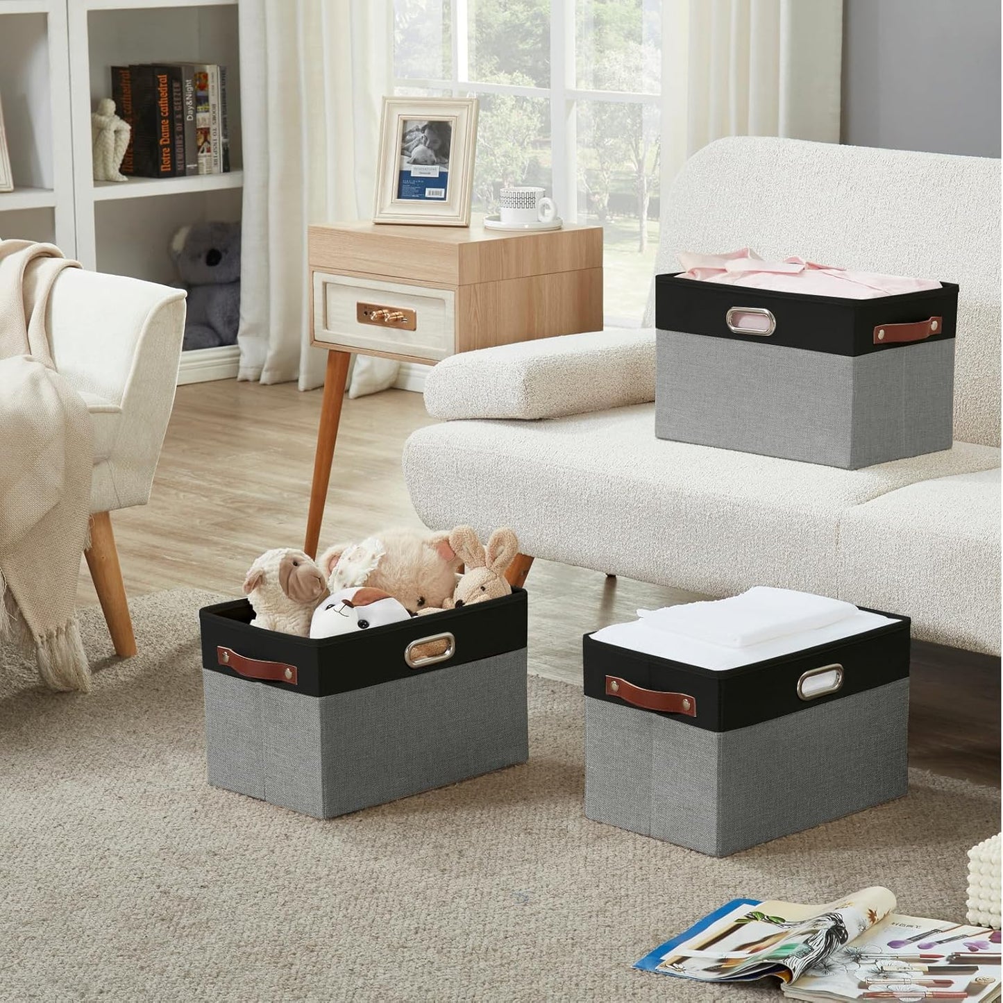 Large Collapsible Fabric Storage Bins with 3 Handles, Foldable Organizer Baskets for Closet, Shelves, Living Room | 3 Pack, Durable PU & Metal Handles (14.9"x9.8"x9.8", Black & Gray)