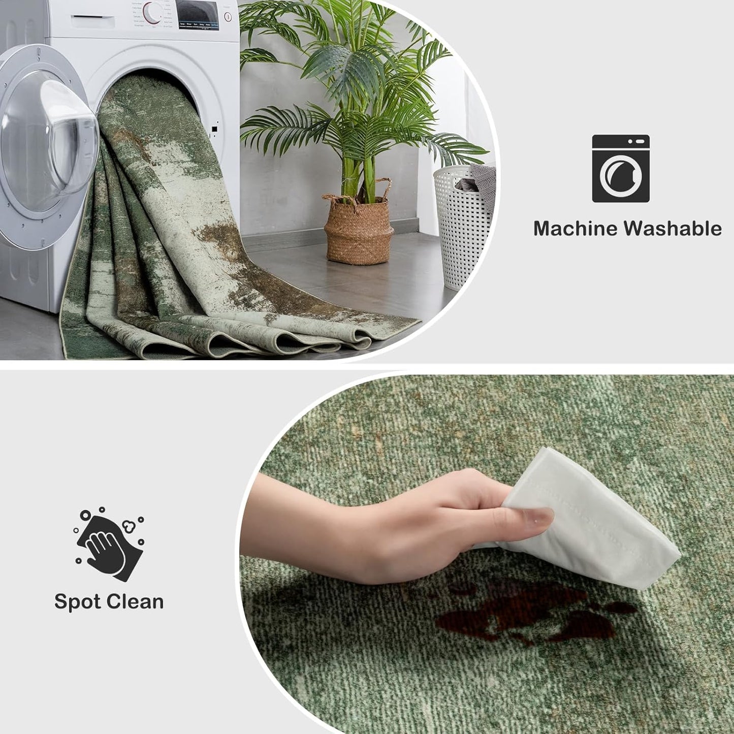 Kelarea Living Room Rug, 9x12 Rug Modern Abstract Washable Rugs, Green Vintage Low Pile Carpet, Non Slip Large Rugs for Bedroom, Dining Room, College Dorm, Home Office