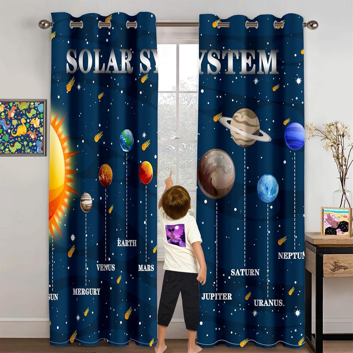 Solar System Curtain Panels - 2Pcs 95% Blackout Outer Space Curtains for Boys Bedroom Grommet Room Darkening Galaxy Planets Themed Curtains for Living Room, 82" x 84"