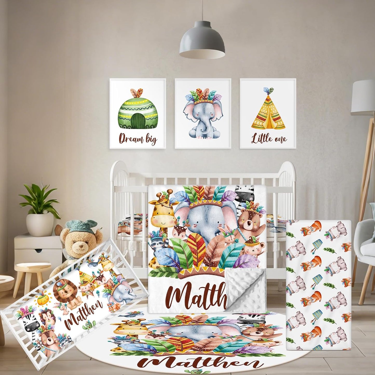 Custom Crib Bedding Set, 5 Pcs Customized Baby Crib Set with Name, Double Layer Baby Bedding Set for Girls Boys, Personalized for Nursery Infants Toddlers, Cute Animals