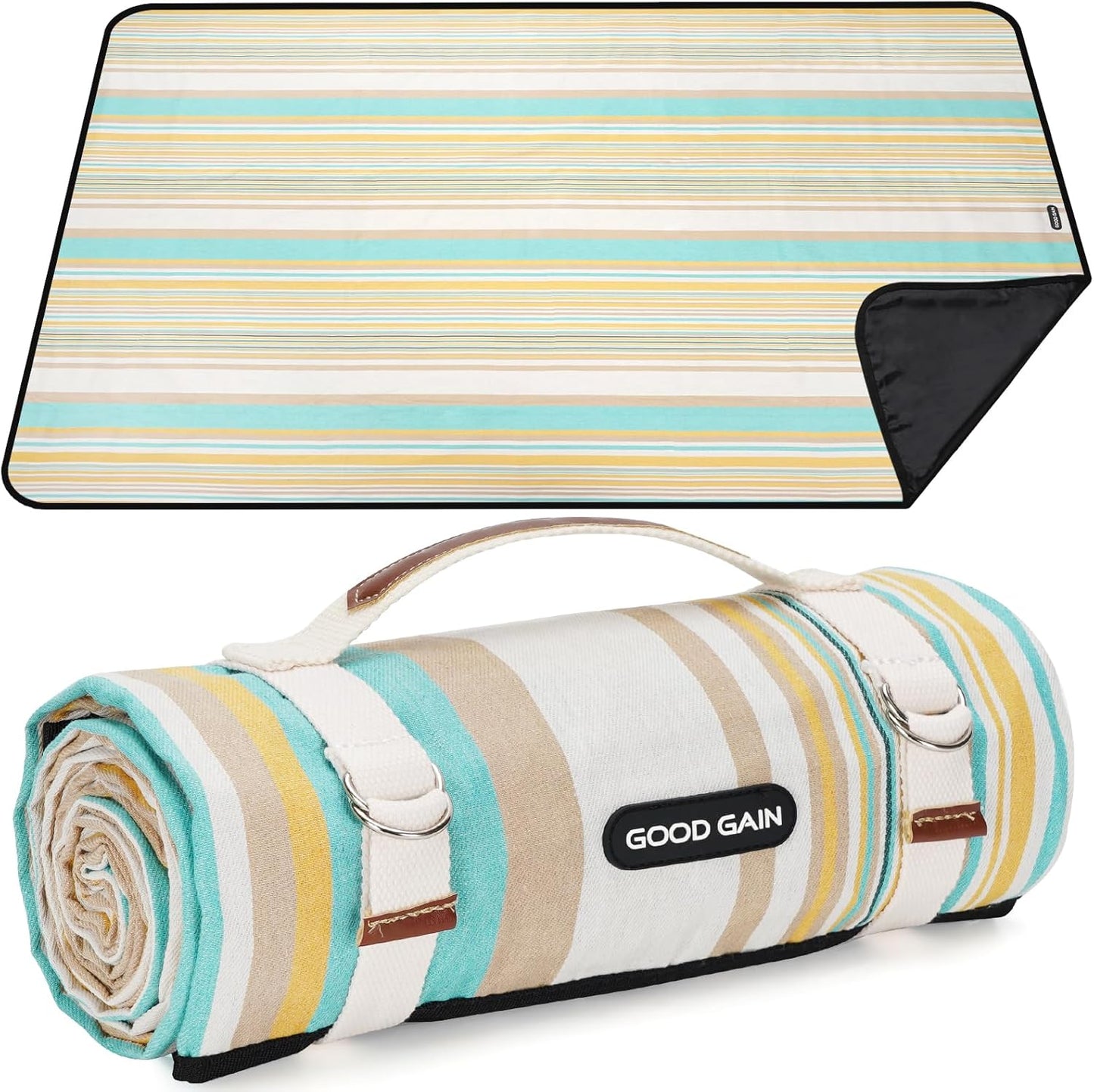 G GOOD GAIN Picnic Blanket Waterproof & Sand Proof,Beach Blanket Portable with Carry Strap, XL Large Foldable Picnic Rug Machine Washable for Camping Party,Wet Grass,Kids Playground.(Pineapple Yellow)