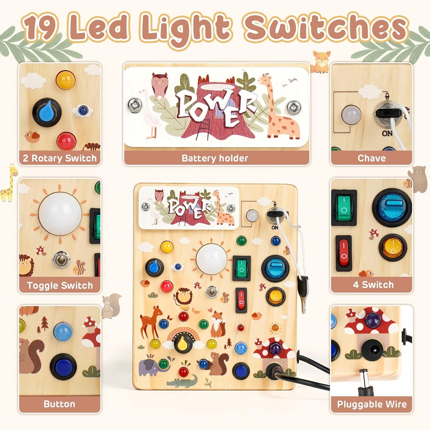 Joyreal Wooden Busy Board with LED Lights, Montessori Sensory Toys for Toddlers, Activity Fidget Board Travel Toys for Fine Motor Skills & Learning, Gifts for 1-3 Year Old Boys & Girls (Forest Theme)