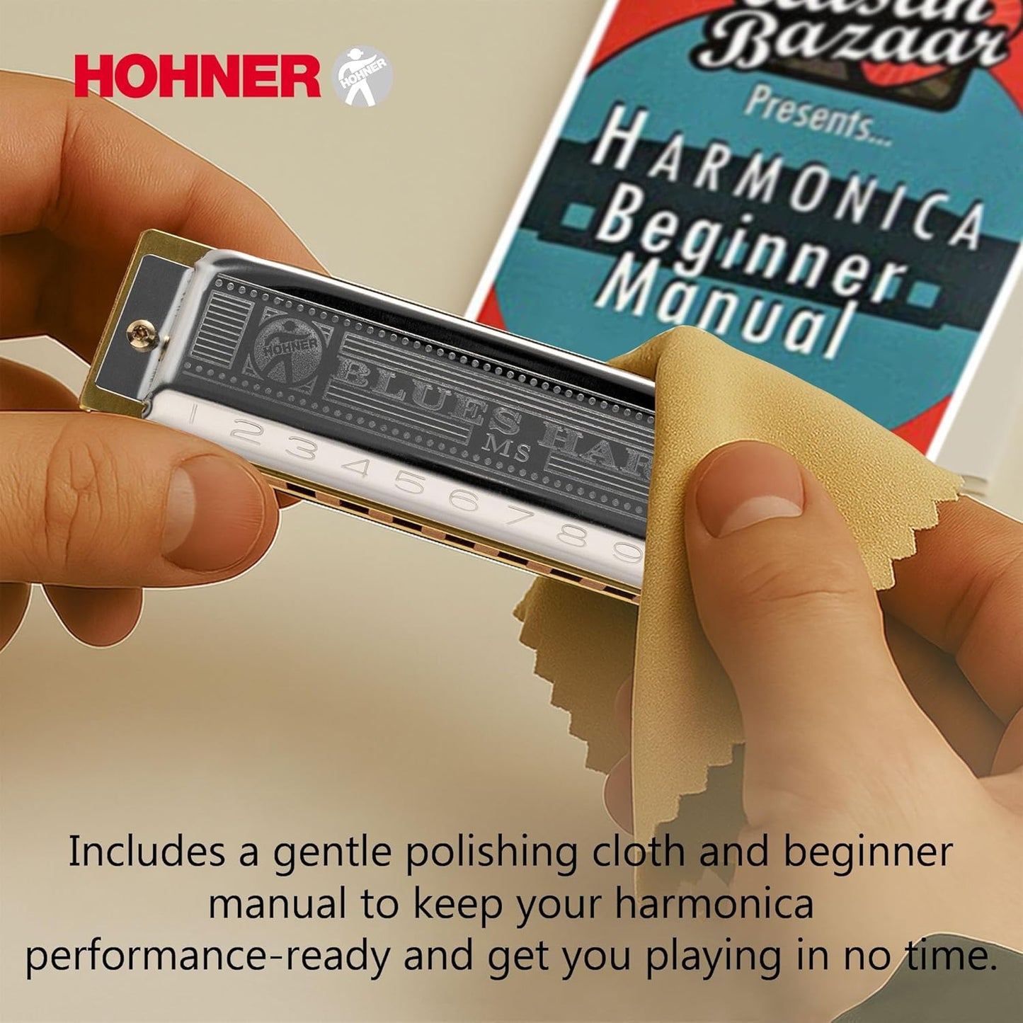 Hohner 532 Blues Harp MS Harmonica - Key of C Bundle with Case, Pouch, Austin Bazaar Online Manual, and Polishing Cloth