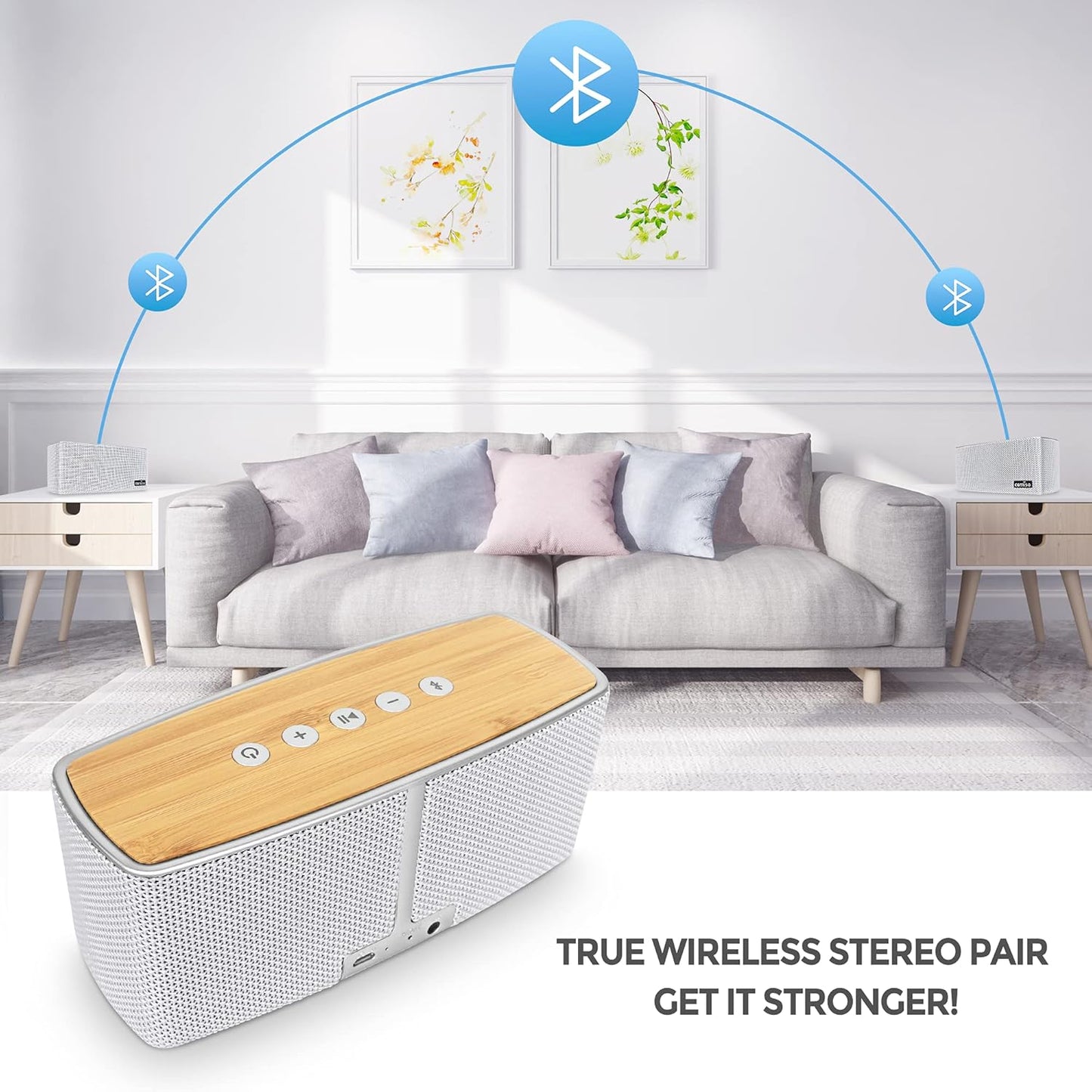 comiso Bluetooth Speakers, Portable Speaker 5.0 with 20W Stereo Sound, Wireless Stereo Pairing, Wood Bluetooth Audio with Subwoofer, 24H Playtime, Hands-Free, Great for Office, Home, Outdoor